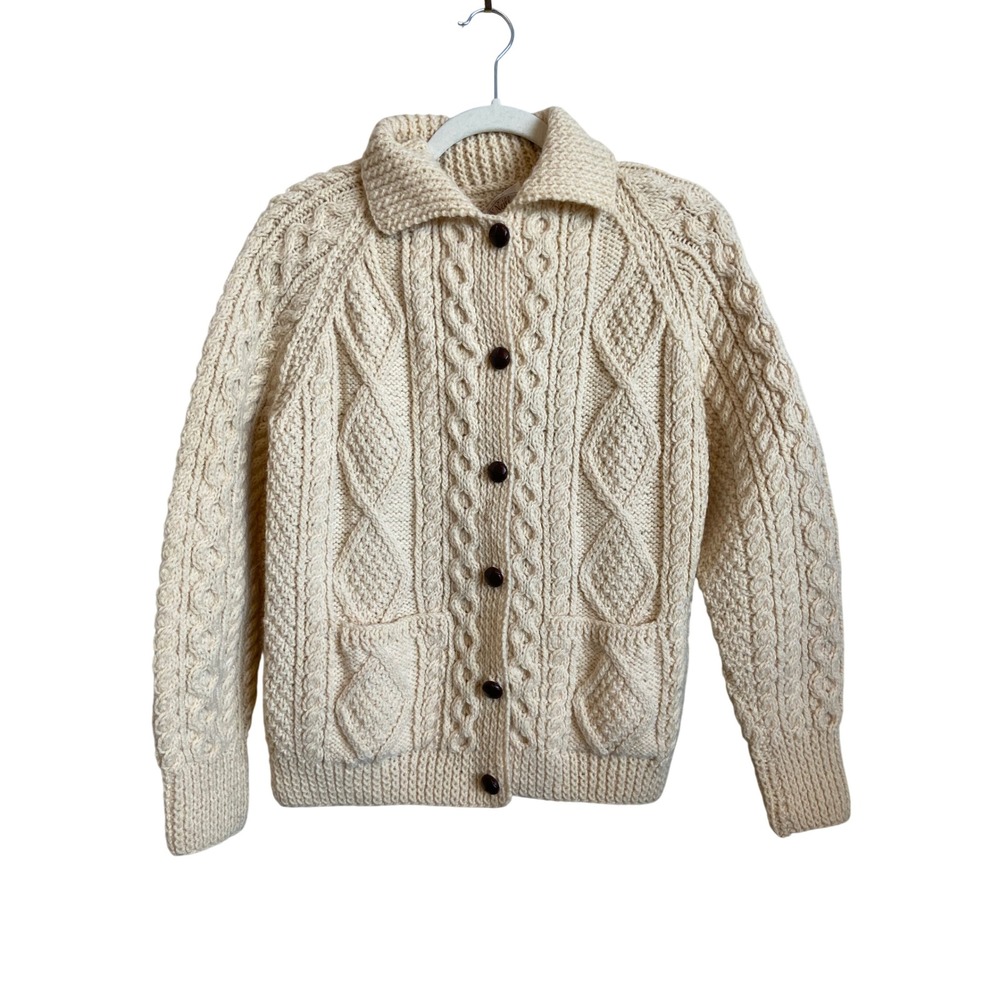 Una O'Neill Aran Hand Knit Wool Cardigan Sweater Cream Irish Fisherman